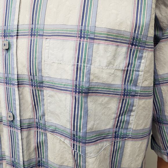 Bugatchi Shirt Short Sleeve Men L Blue Multicolor Plaid & Floral Button Up - Picture 2 of 12